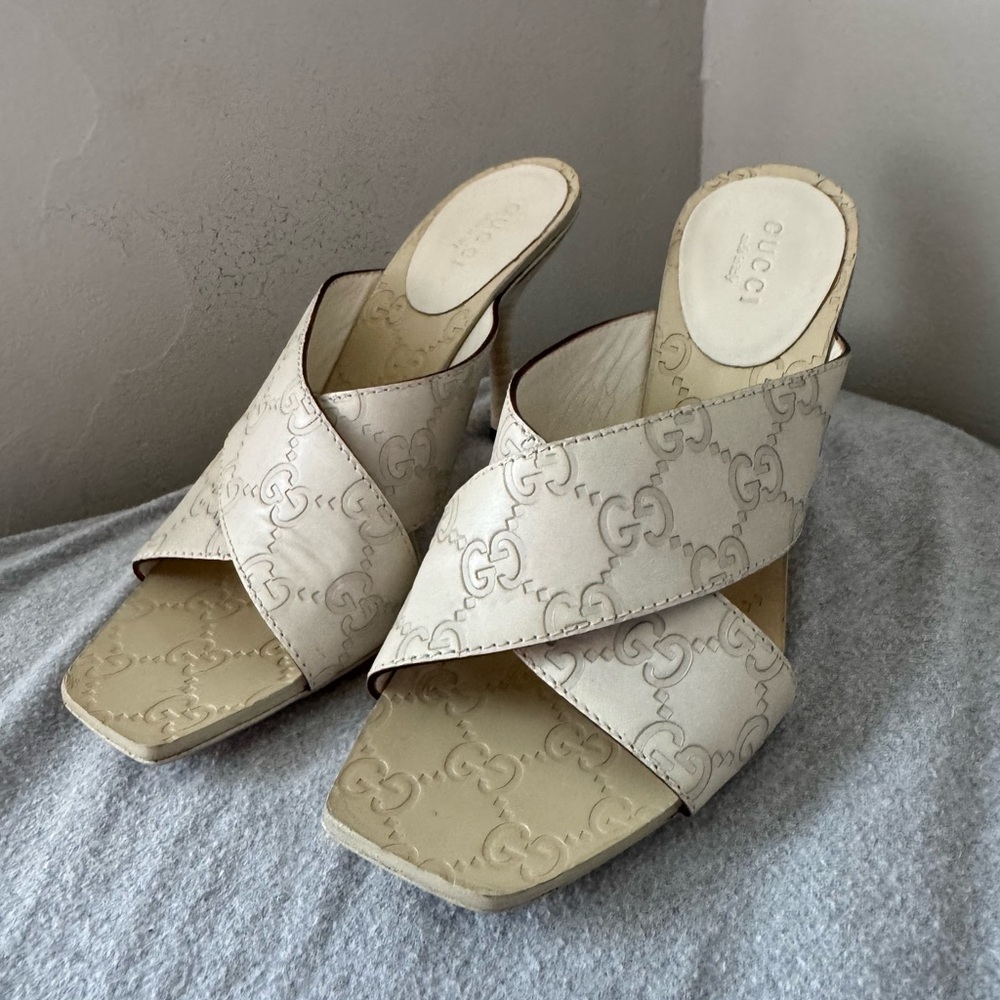 Gucci Ivory Crossband GG Embossed Leather Mules